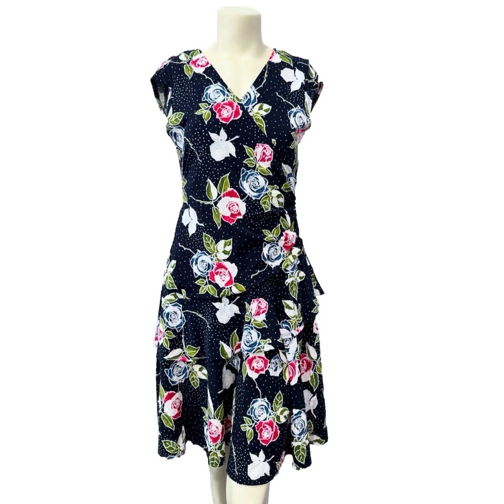 Signature by Robbie Bee Floral Dress Petite Small PS Navy Blue NWT